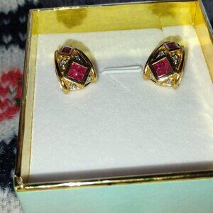 14k solid gold ruby and diamond J hoop earrings